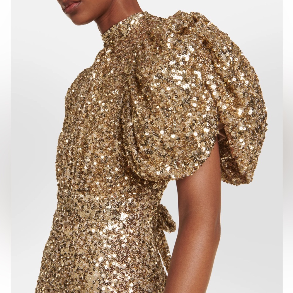 Gold Sequin Midi Dress with Puff Sleeves and High Neck - Picture 4 of 15